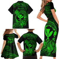 Hawaii Family Matching Short Sleeve Bodycon Dress and Hawaiian Shirt Turtle Mix Polynesian Plumeria Green Version - Wonder Print Shop