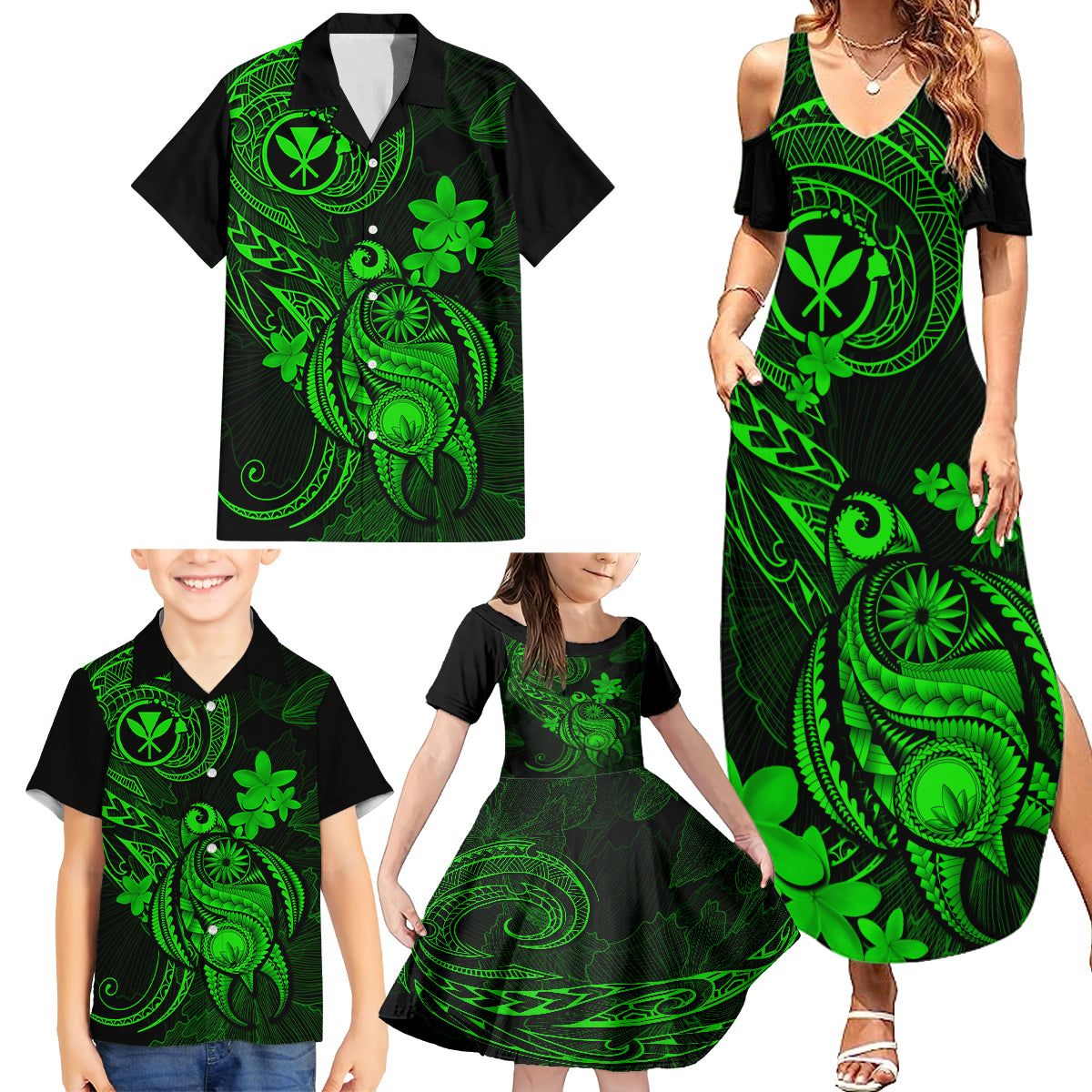 Hawaii Family Matching Summer Maxi Dress and Hawaiian Shirt Turtle Mix Polynesian Plumeria Green Version - Wonder Print Shop