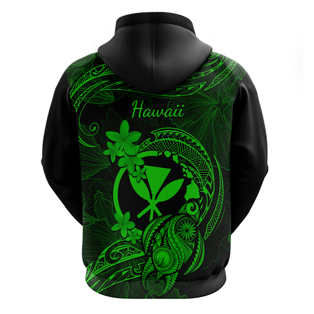 Hawaii Hoodie Turtle Mix Polynesian Plumeria Green Version - Wonder Print Shop