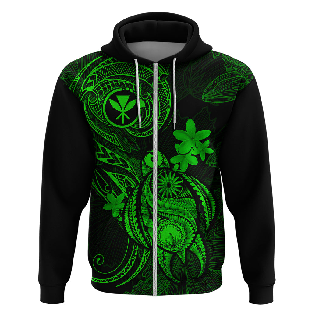 Hawaii Hoodie Turtle Mix Polynesian Plumeria Green Version - Wonder Print Shop