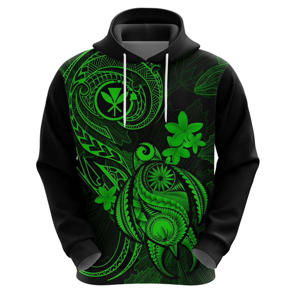 Hawaii Hoodie Turtle Mix Polynesian Plumeria Green Version - Wonder Print Shop