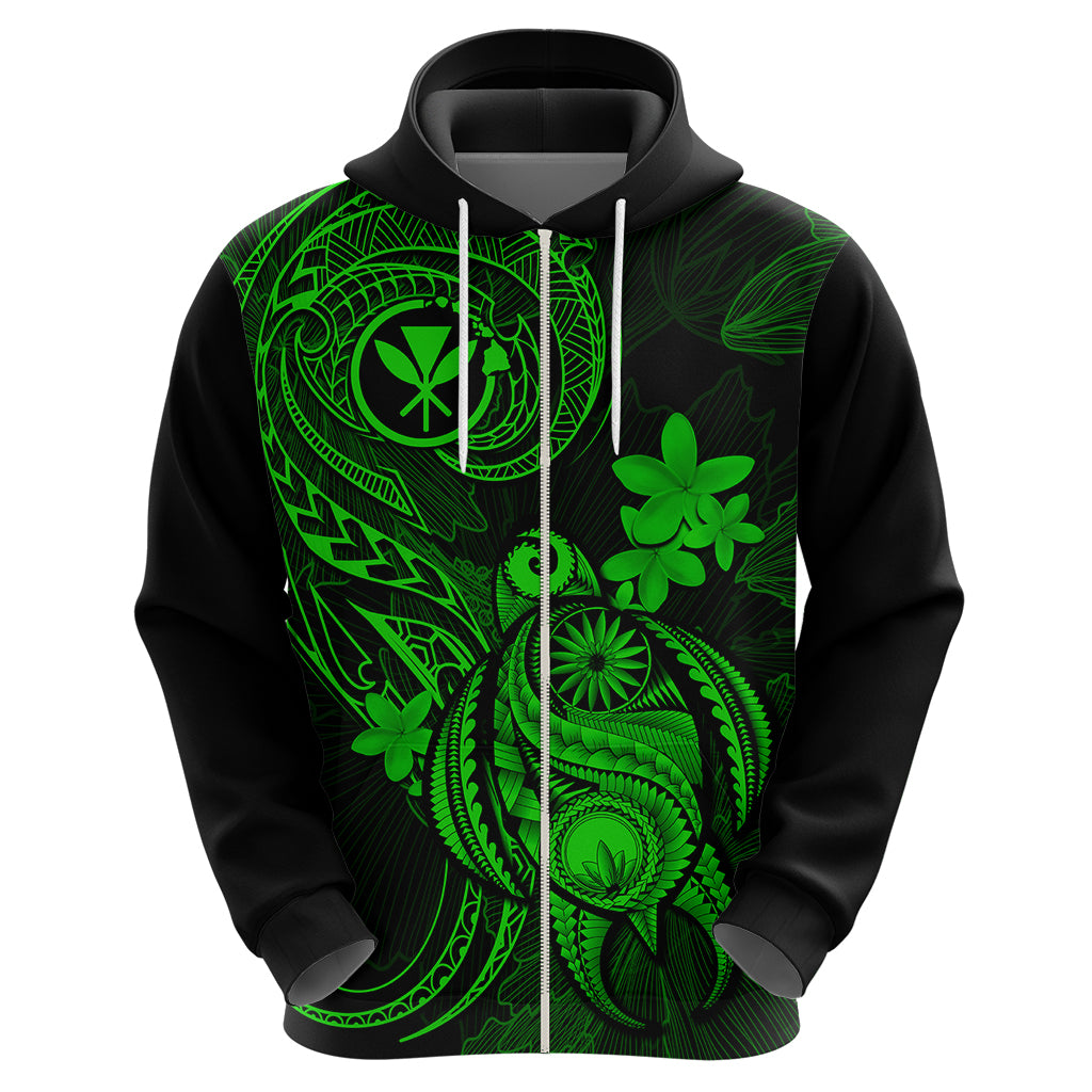 Hawaii Hoodie Turtle Mix Polynesian Plumeria Green Version - Wonder Print Shop