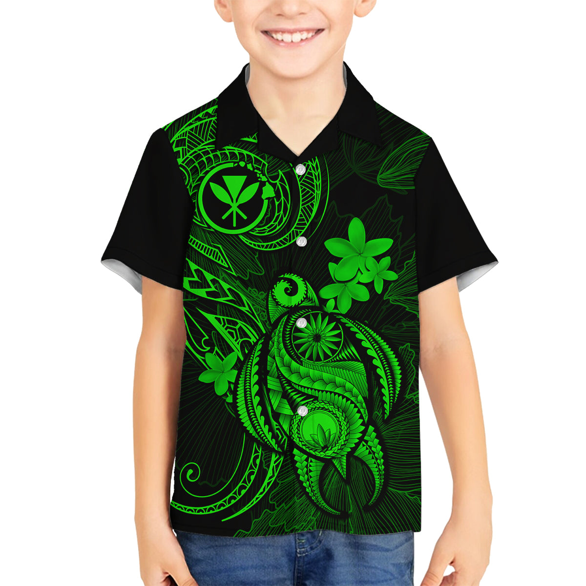 Hawaii Kid Hawaiian Shirt Turtle Mix Polynesian Plumeria Green Version - Wonder Print Shop