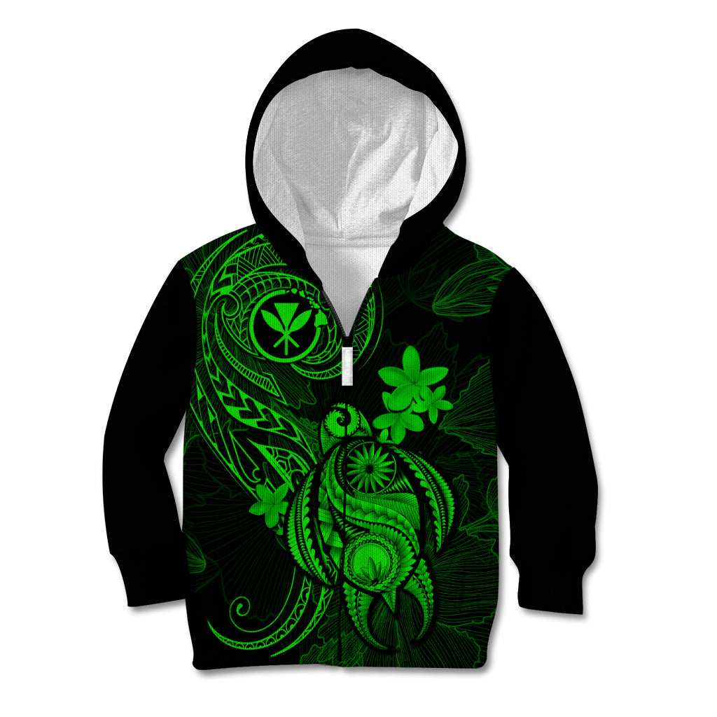 Hawaii Kid Hoodie Turtle Mix Polynesian Plumeria Green Version - Wonder Print Shop