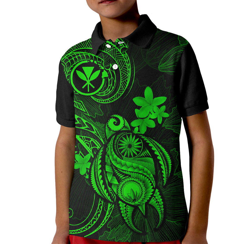 Hawaii Kid Polo Shirt Turtle Mix Polynesian Plumeria Green Version - Wonder Print Shop