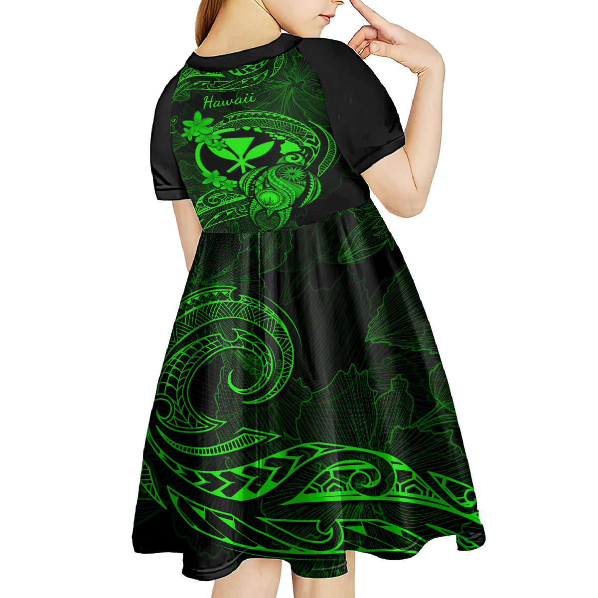 Hawaii Kid Short Sleeve Dress Turtle Mix Polynesian Plumeria Green Version - Wonder Print Shop