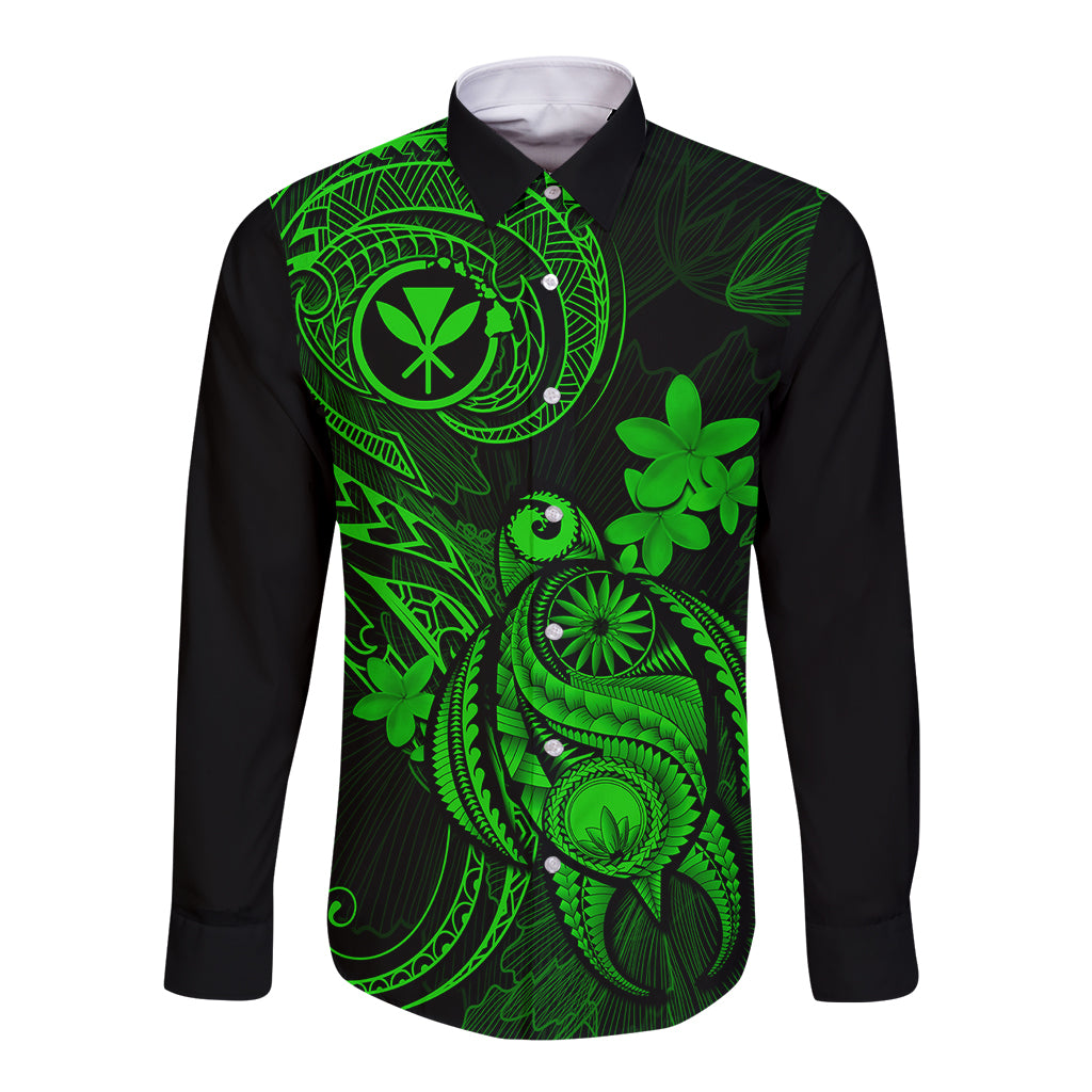 Hawaii Long Sleeve Button Shirt Turtle Mix Polynesian Plumeria Green Version - Wonder Print Shop