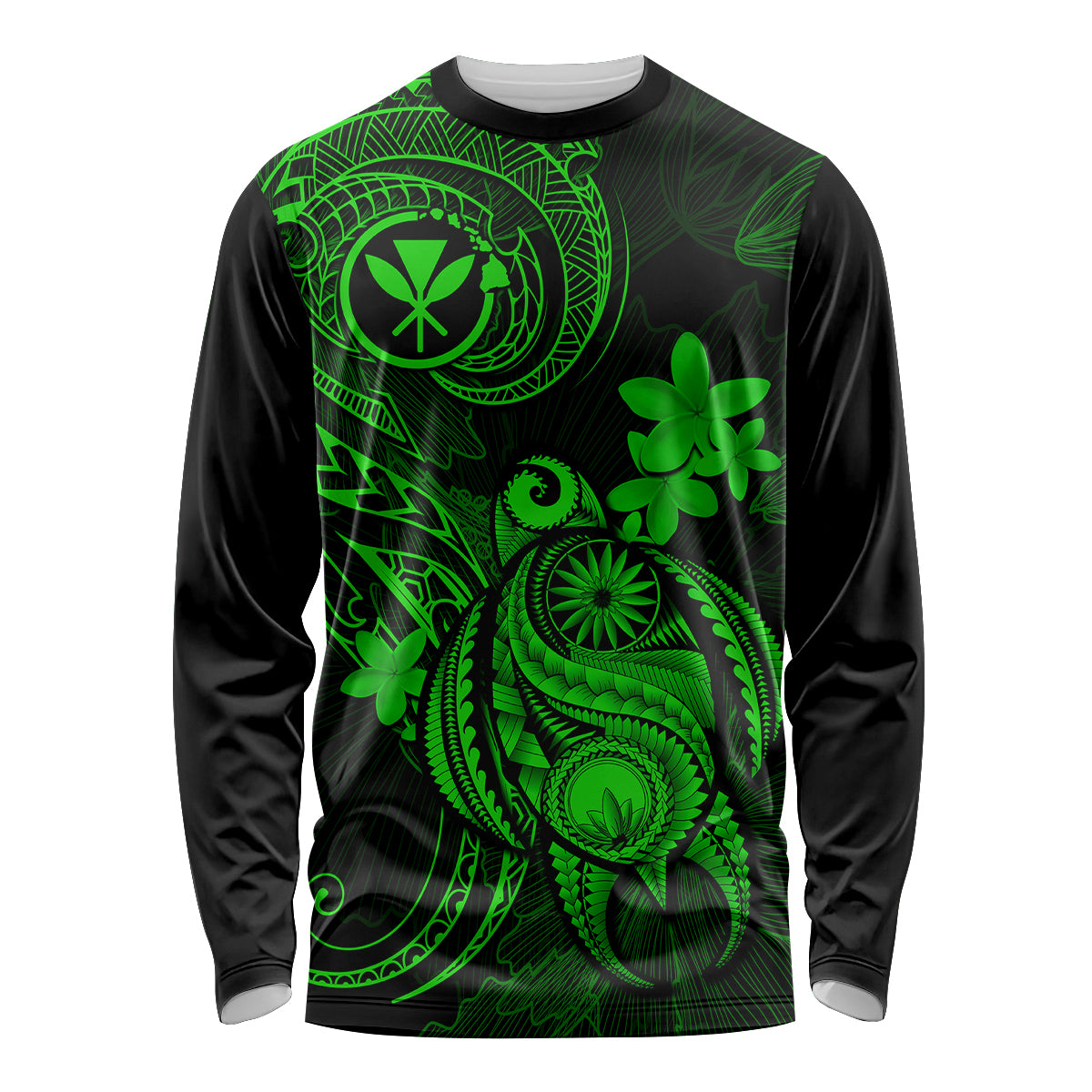 Hawaii Long Sleeve Shirt Turtle Mix Polynesian Plumeria Green Version - Wonder Print Shop