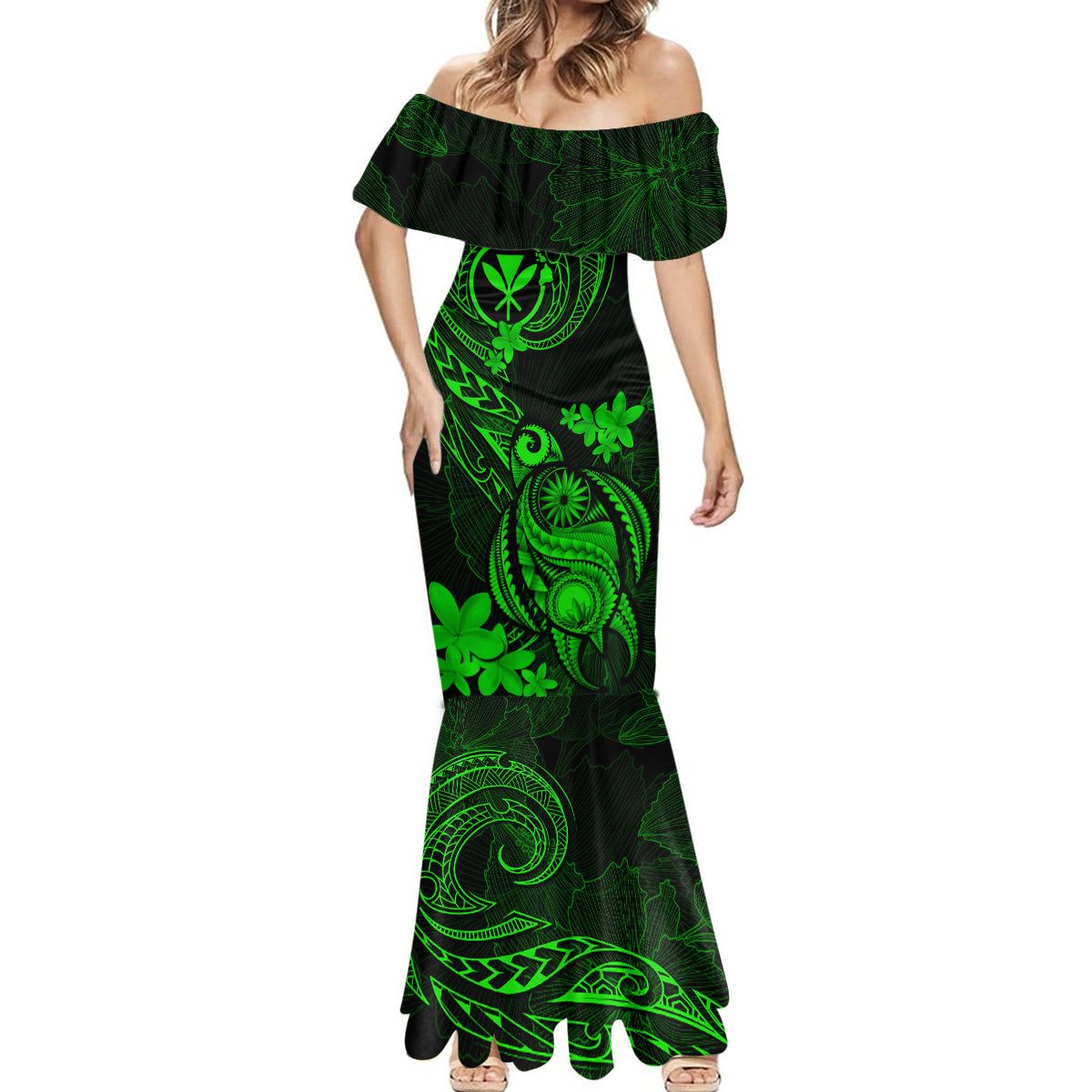 Hawaii Mermaid Dress Turtle Mix Polynesian Plumeria Green Version - Wonder Print Shop