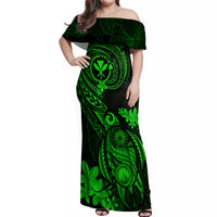 Hawaii Off Shoulder Maxi Dress Turtle Mix Polynesian Plumeria Green Version - Wonder Print Shop