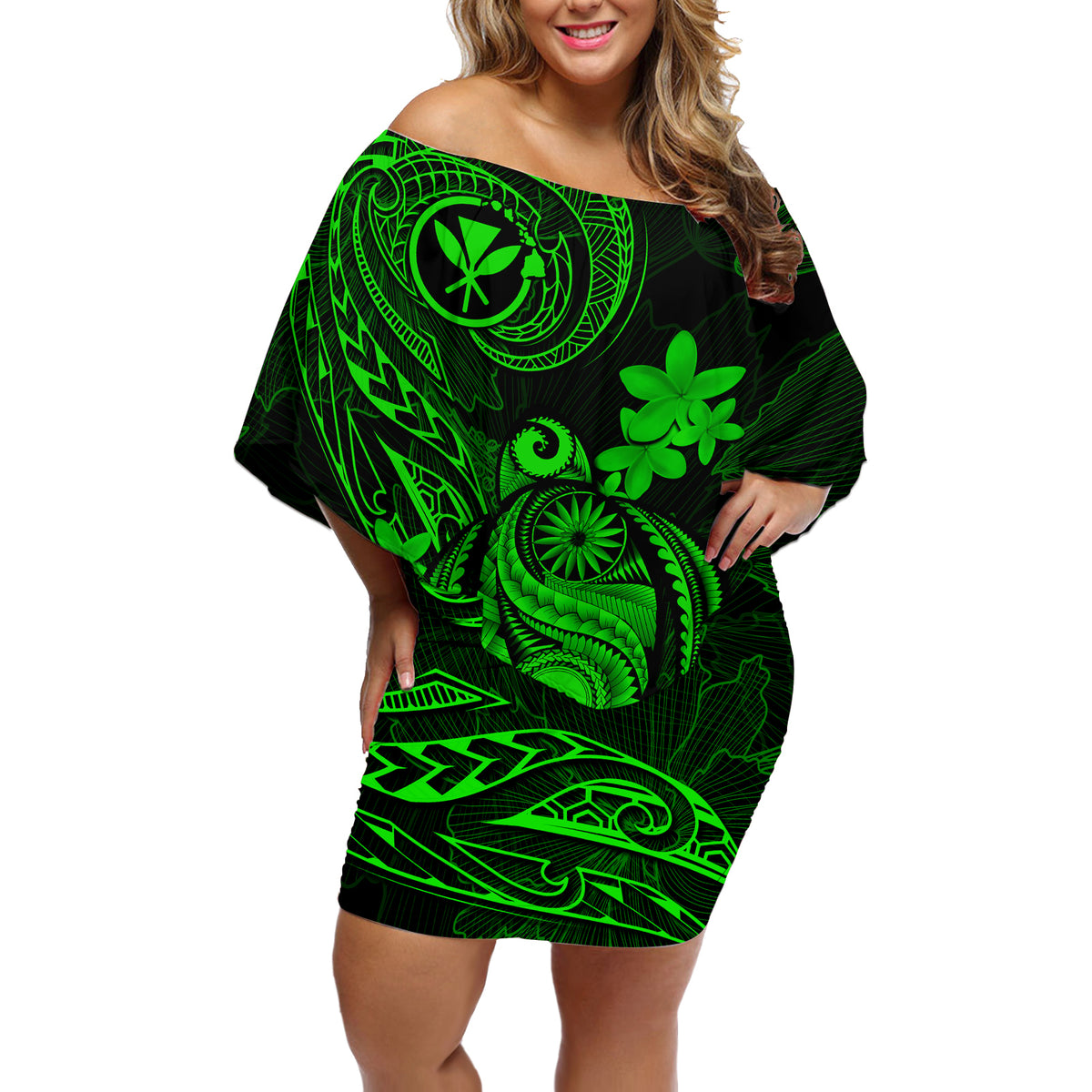 Hawaii Off Shoulder Short Dress Turtle Mix Polynesian Plumeria Green Version - Wonder Print Shop