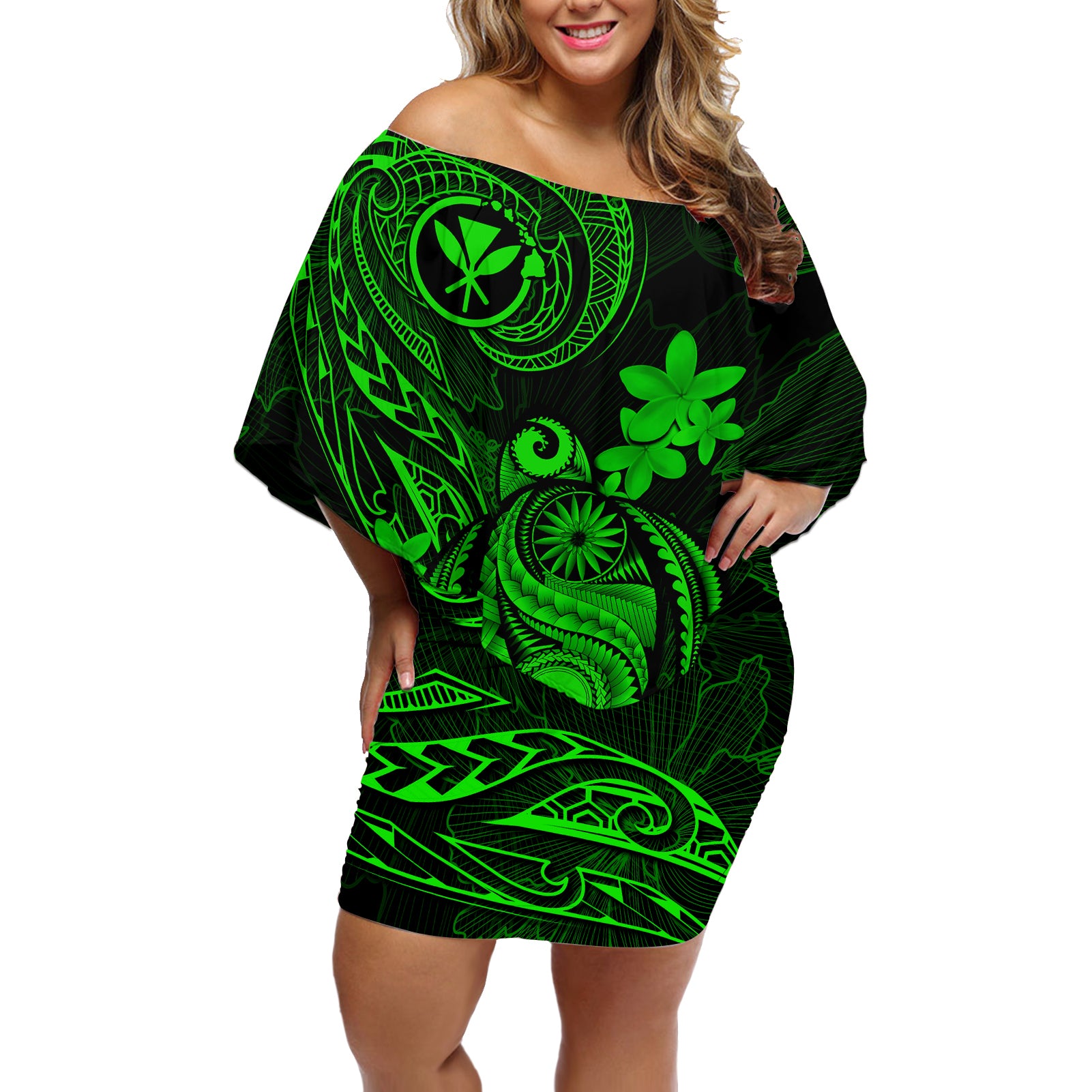 Hawaii Off Shoulder Short Dress Turtle Mix Polynesian Plumeria Green Version - Wonder Print Shop