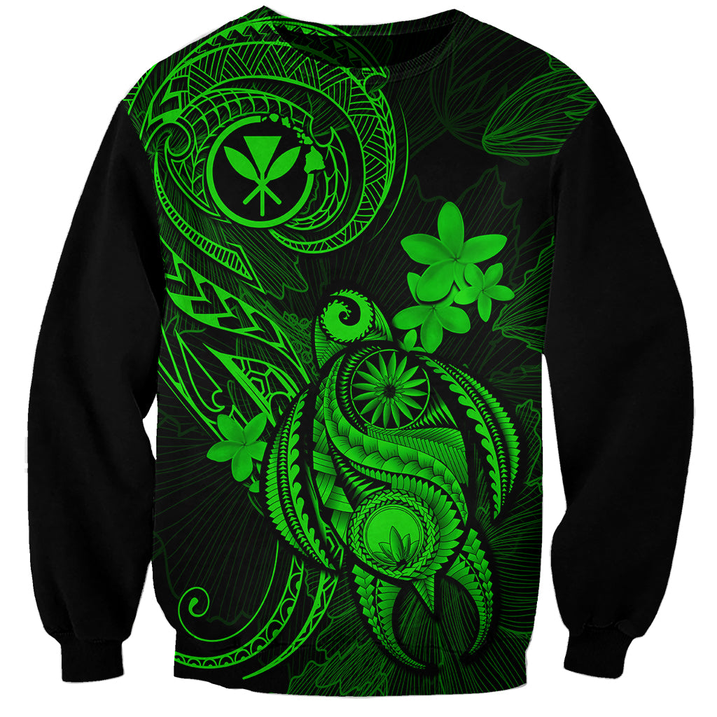 Hawaii Sweatshirt Turtle Mix Polynesian Plumeria Green Version - Wonder Print Shop