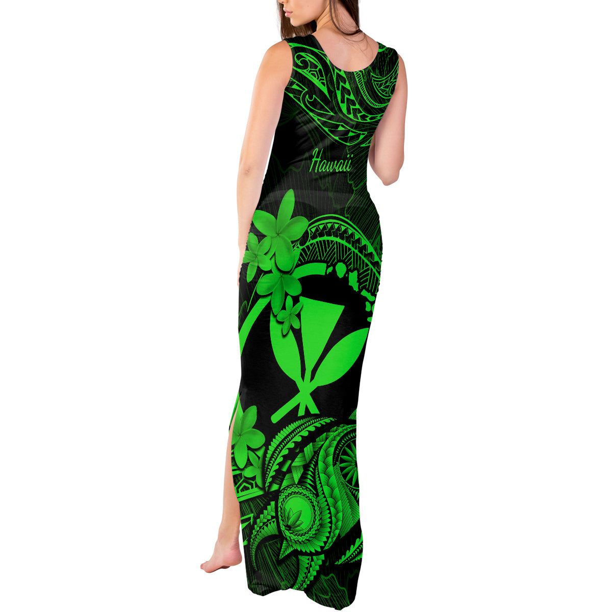 Hawaii Tank Maxi Dress Turtle Mix Polynesian Plumeria Green Version - Wonder Print Shop