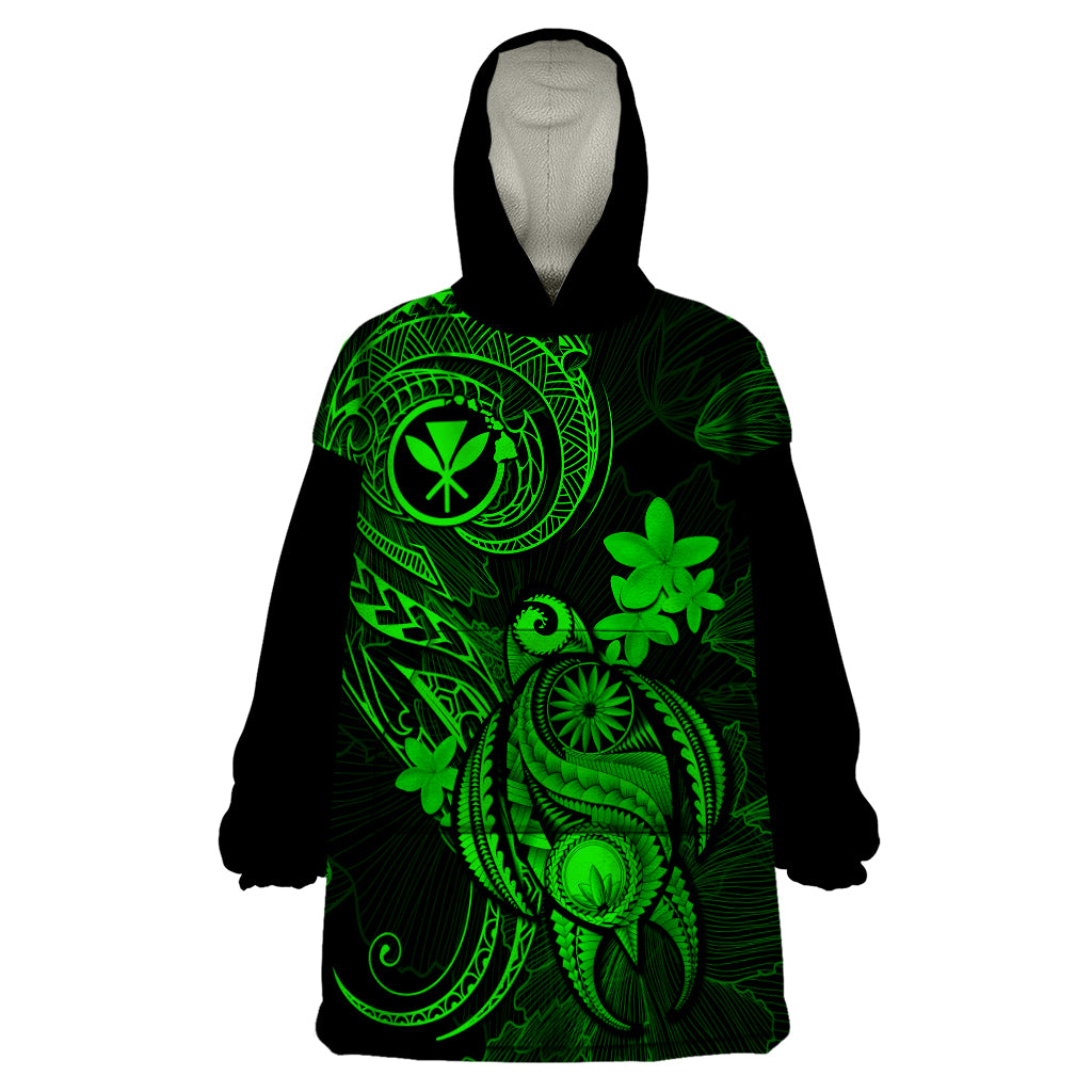 Hawaii Wearable Blanket Hoodie Turtle Mix Polynesian Plumeria Green Version - Wonder Print Shop