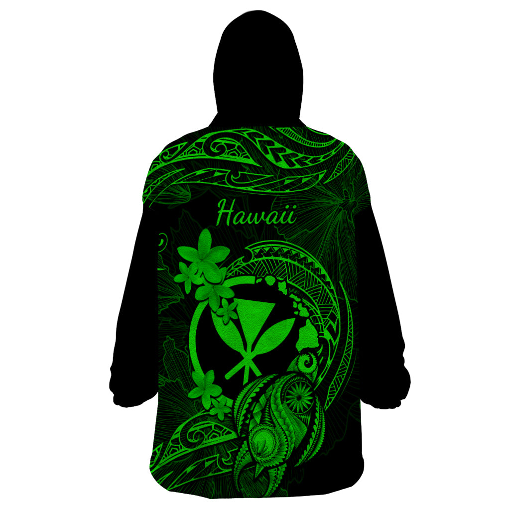 Hawaii Wearable Blanket Hoodie Turtle Mix Polynesian Plumeria Green Version - Wonder Print Shop