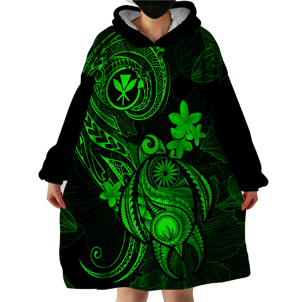 Hawaii Wearable Blanket Hoodie Turtle Mix Polynesian Plumeria Green Version - Wonder Print Shop