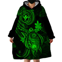 Hawaii Wearable Blanket Hoodie Turtle Mix Polynesian Plumeria Green Version - Wonder Print Shop