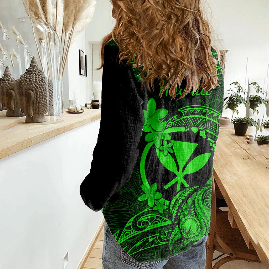 Hawaii Women Casual Shirt Turtle Mix Polynesian Plumeria Green Version - Wonder Print Shop