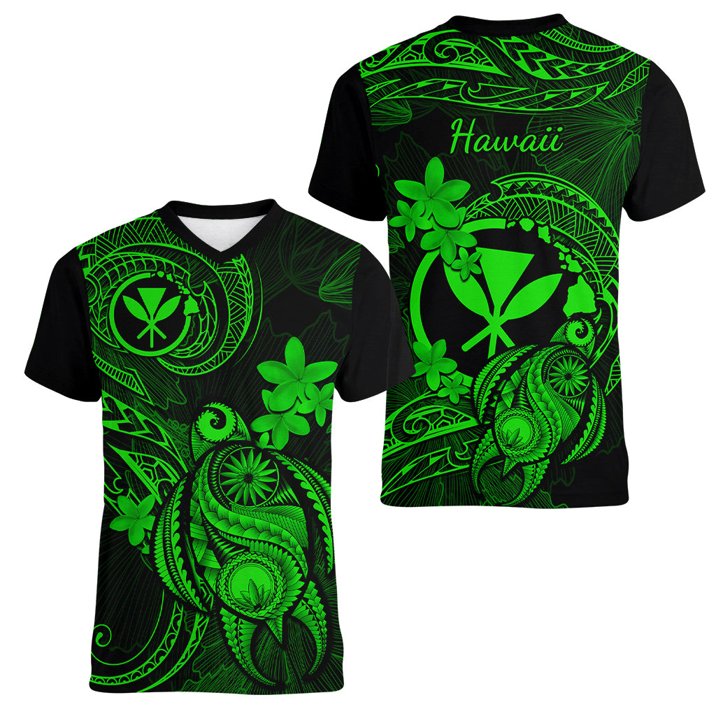 Hawaii Women V Neck T Shirt Turtle Mix Polynesian Plumeria Green Version - Wonder Print Shop