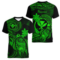 Hawaii Women V Neck T Shirt Turtle Mix Polynesian Plumeria Green Version - Wonder Print Shop