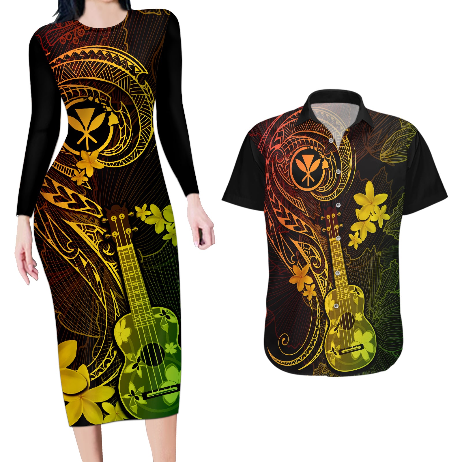 Hawaii Couples Matching Long Sleeve Bodycon Dress and Hawaiian Shirt Ukulele Mix Polynesian Plumeria Reggae Version - Wonder Print Shop