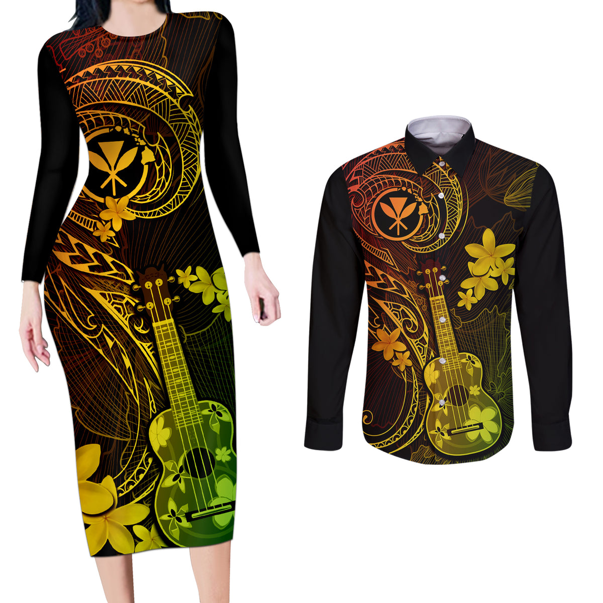 Hawaii Couples Matching Long Sleeve Bodycon Dress and Long Sleeve Button Shirts Ukulele Mix Polynesian Plumeria Reggae Version - Wonder Print Shop