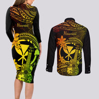 Hawaii Couples Matching Long Sleeve Bodycon Dress and Long Sleeve Button Shirts Ukulele Mix Polynesian Plumeria Reggae Version - Wonder Print Shop