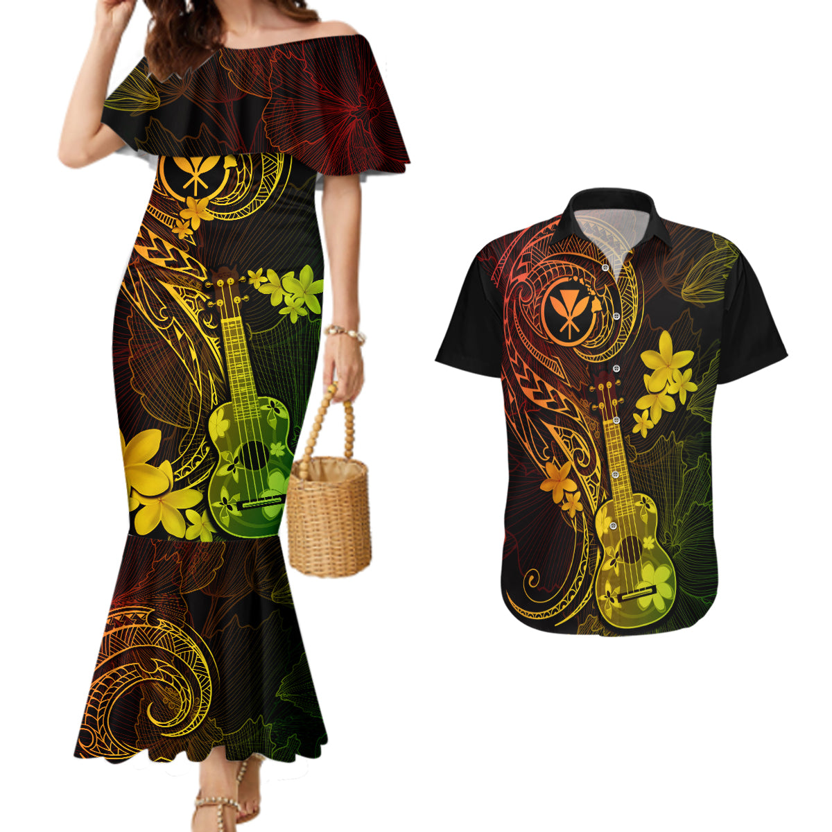 Hawaii Couples Matching Mermaid Dress and Hawaiian Shirt Ukulele Mix Polynesian Plumeria Reggae Version - Wonder Print Shop