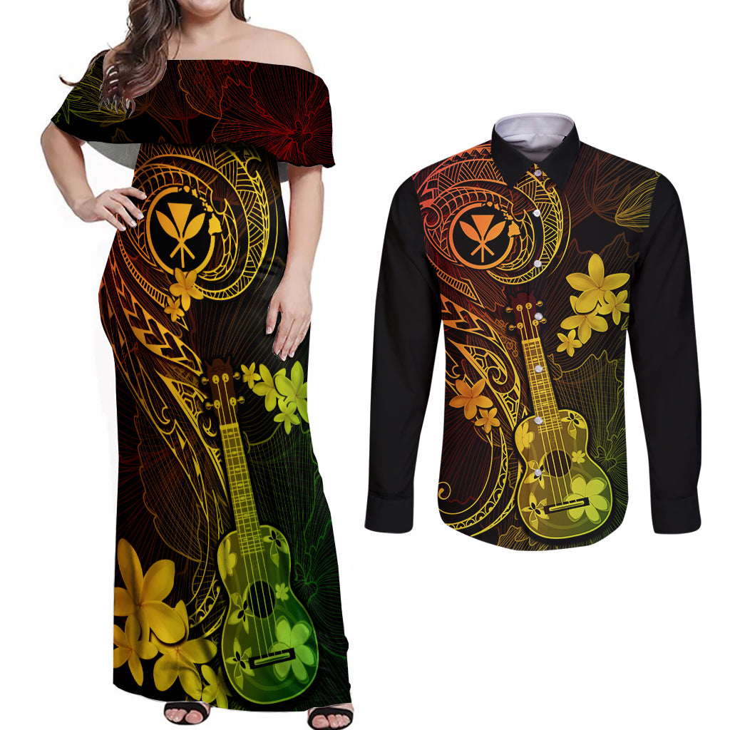 Hawaii Couples Matching Off Shoulder Maxi Dress and Long Sleeve Button Shirts Ukulele Mix Polynesian Plumeria Reggae Version - Wonder Print Shop