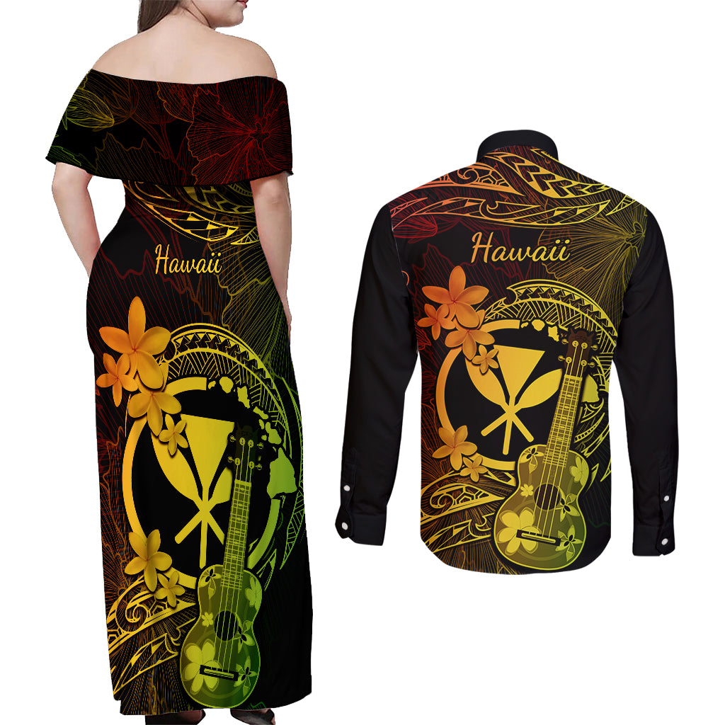 Hawaii Couples Matching Off Shoulder Maxi Dress and Long Sleeve Button Shirts Ukulele Mix Polynesian Plumeria Reggae Version - Wonder Print Shop