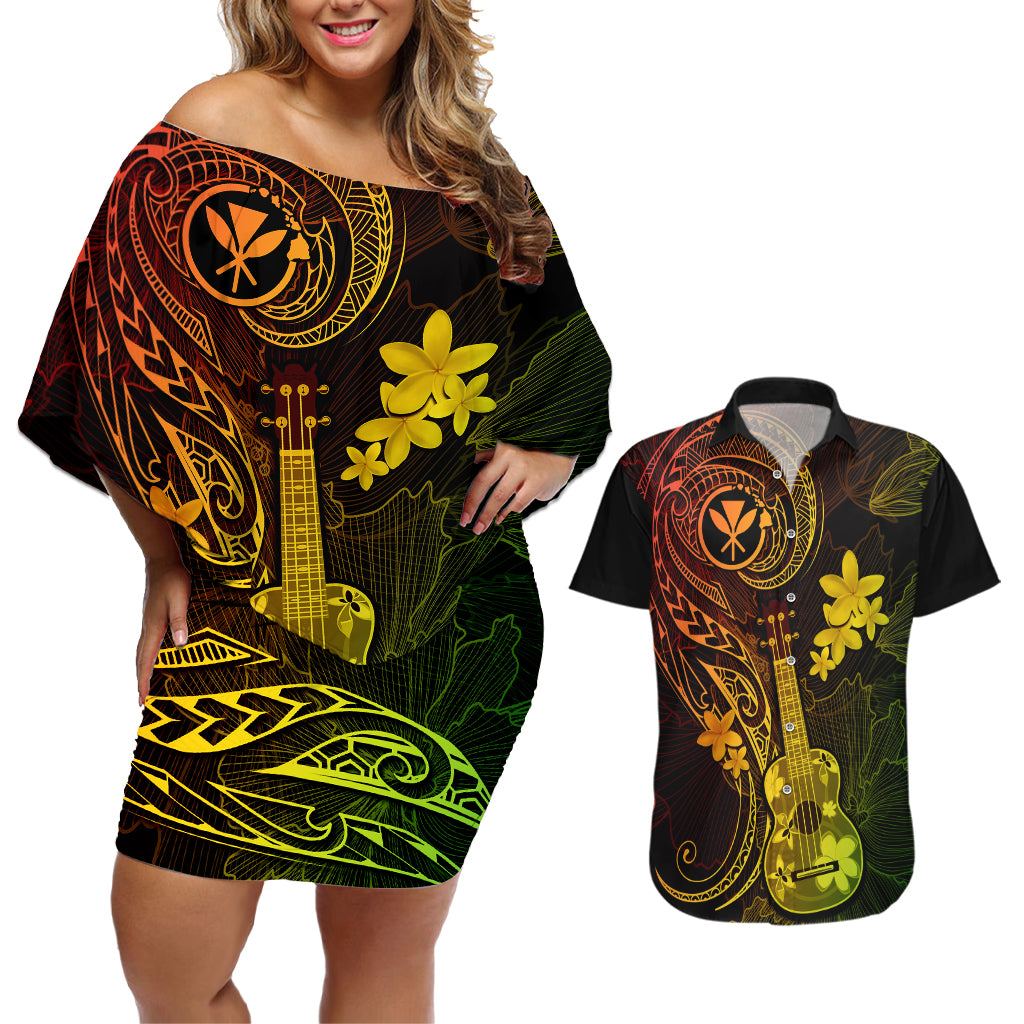 Hawaii Couples Matching Off Shoulder Short Dress and Hawaiian Shirt Ukulele Mix Polynesian Plumeria Reggae Version - Wonder Print Shop