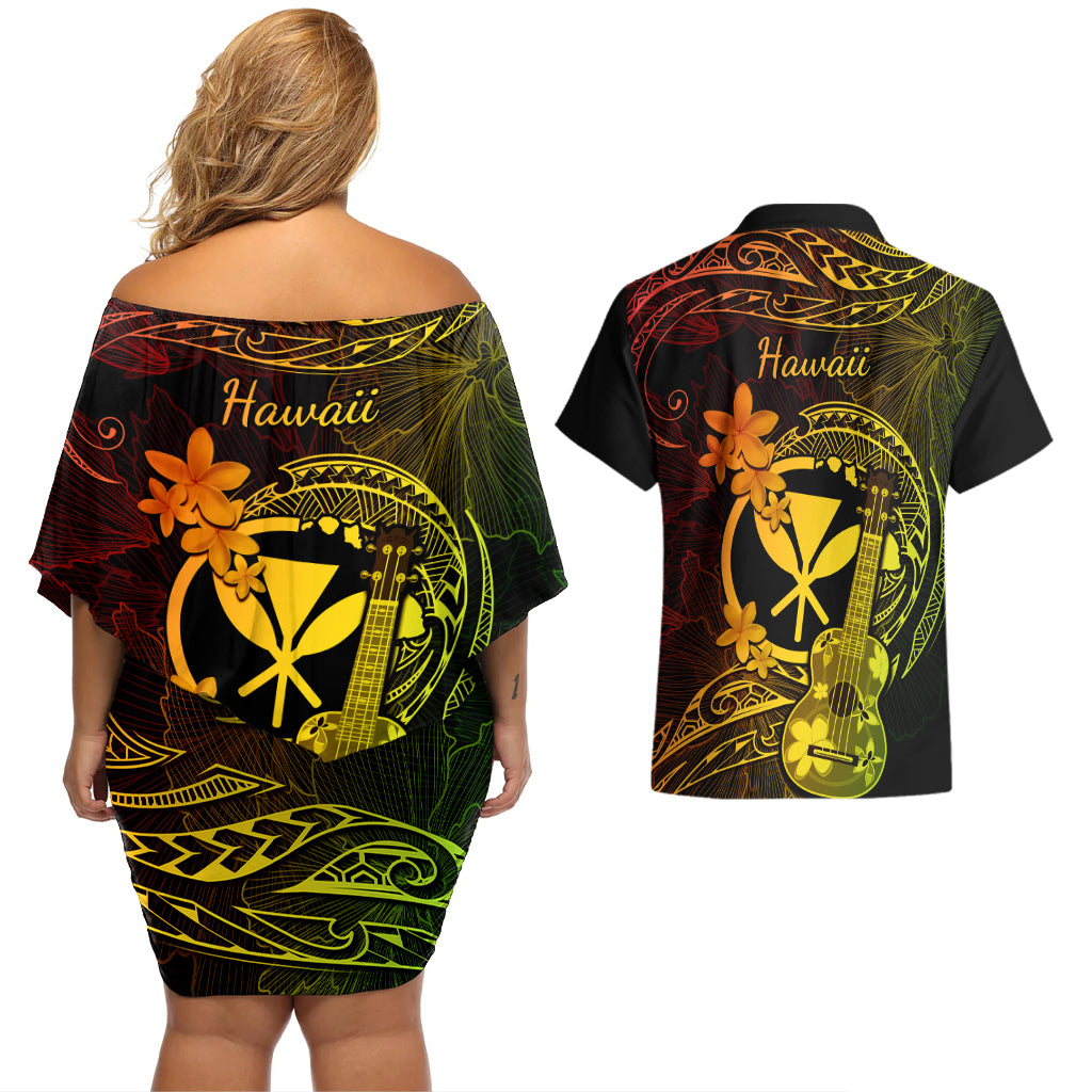 Hawaii Couples Matching Off Shoulder Short Dress and Hawaiian Shirt Ukulele Mix Polynesian Plumeria Reggae Version - Wonder Print Shop