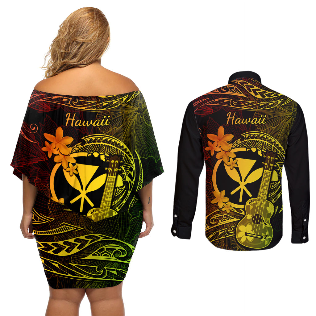 Hawaii Couples Matching Off Shoulder Short Dress and Long Sleeve Button Shirts Ukulele Mix Polynesian Plumeria Reggae Version - Wonder Print Shop