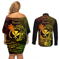 Hawaii Couples Matching Off Shoulder Short Dress and Long Sleeve Button Shirts Ukulele Mix Polynesian Plumeria Reggae Version - Wonder Print Shop