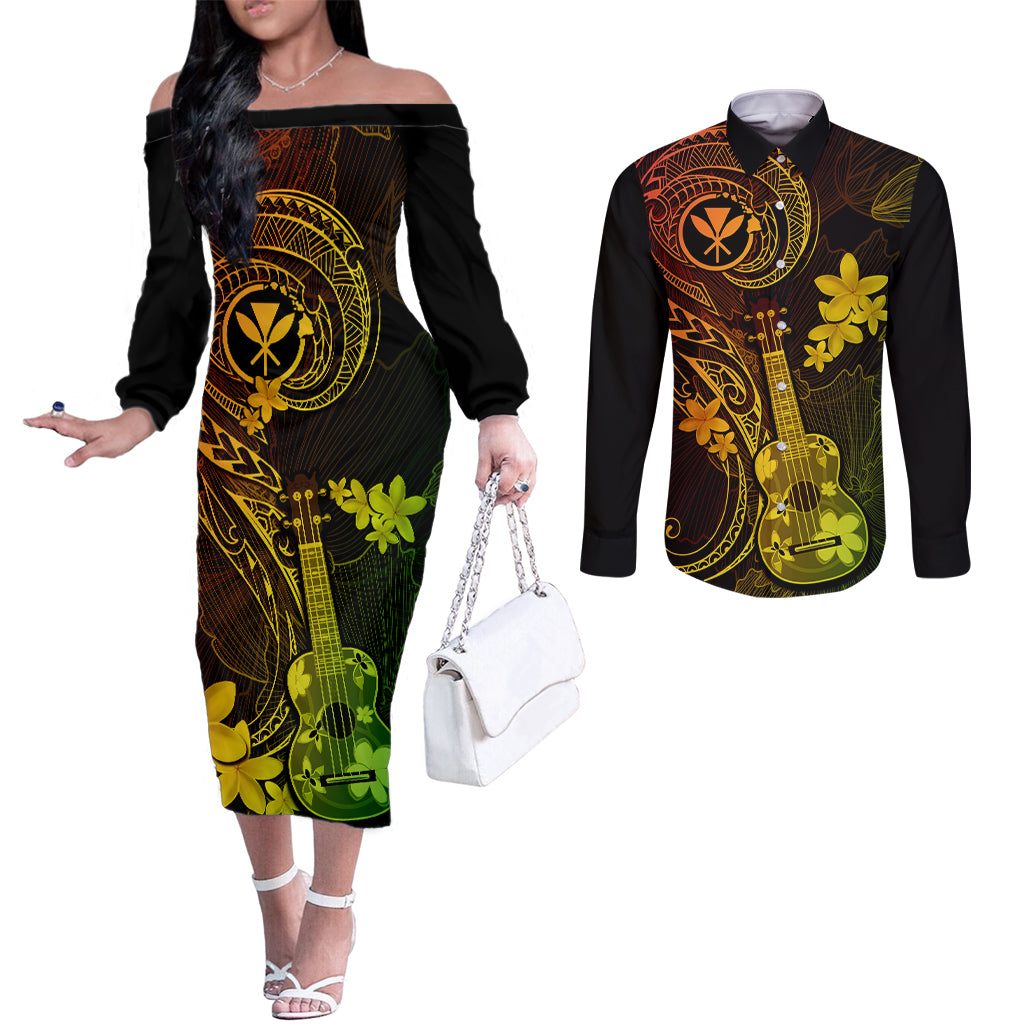hawaii-couples-matching-off-the-shoulder-long-sleeve-dress-and-long-sleeve-button-shirts-ukulele-mix-polynesian-plumeria-reggae-version
