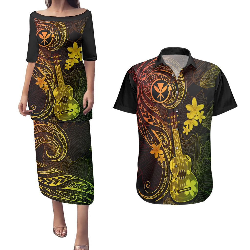 Hawaii Couples Matching Puletasi Dress and Hawaiian Shirt Ukulele Mix Polynesian Plumeria Reggae Version - Wonder Print Shop