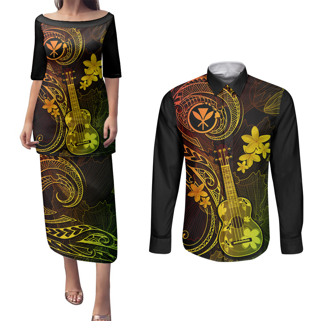 Hawaii Couples Matching Puletasi Dress and Long Sleeve Button Shirts Ukulele Mix Polynesian Plumeria Reggae Version - Wonder Print Shop