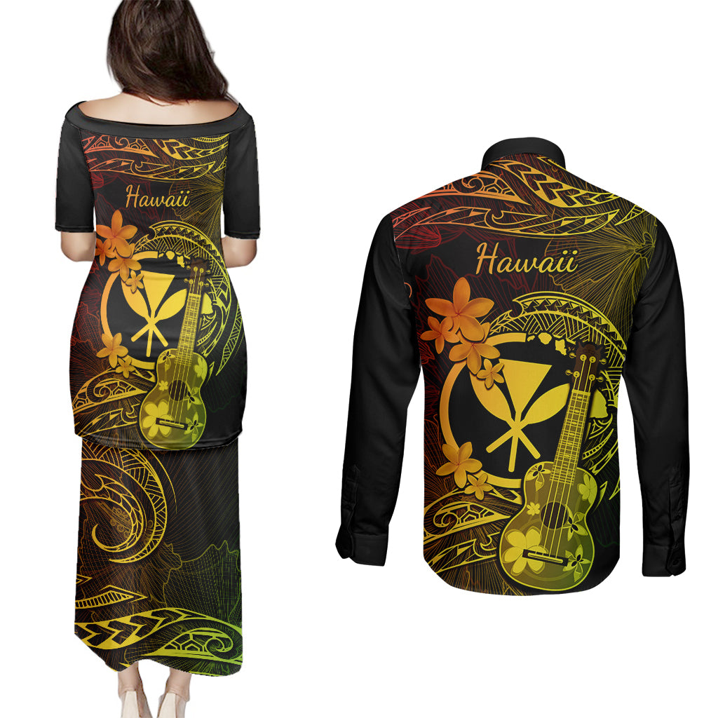Hawaii Couples Matching Puletasi Dress and Long Sleeve Button Shirts Ukulele Mix Polynesian Plumeria Reggae Version - Wonder Print Shop