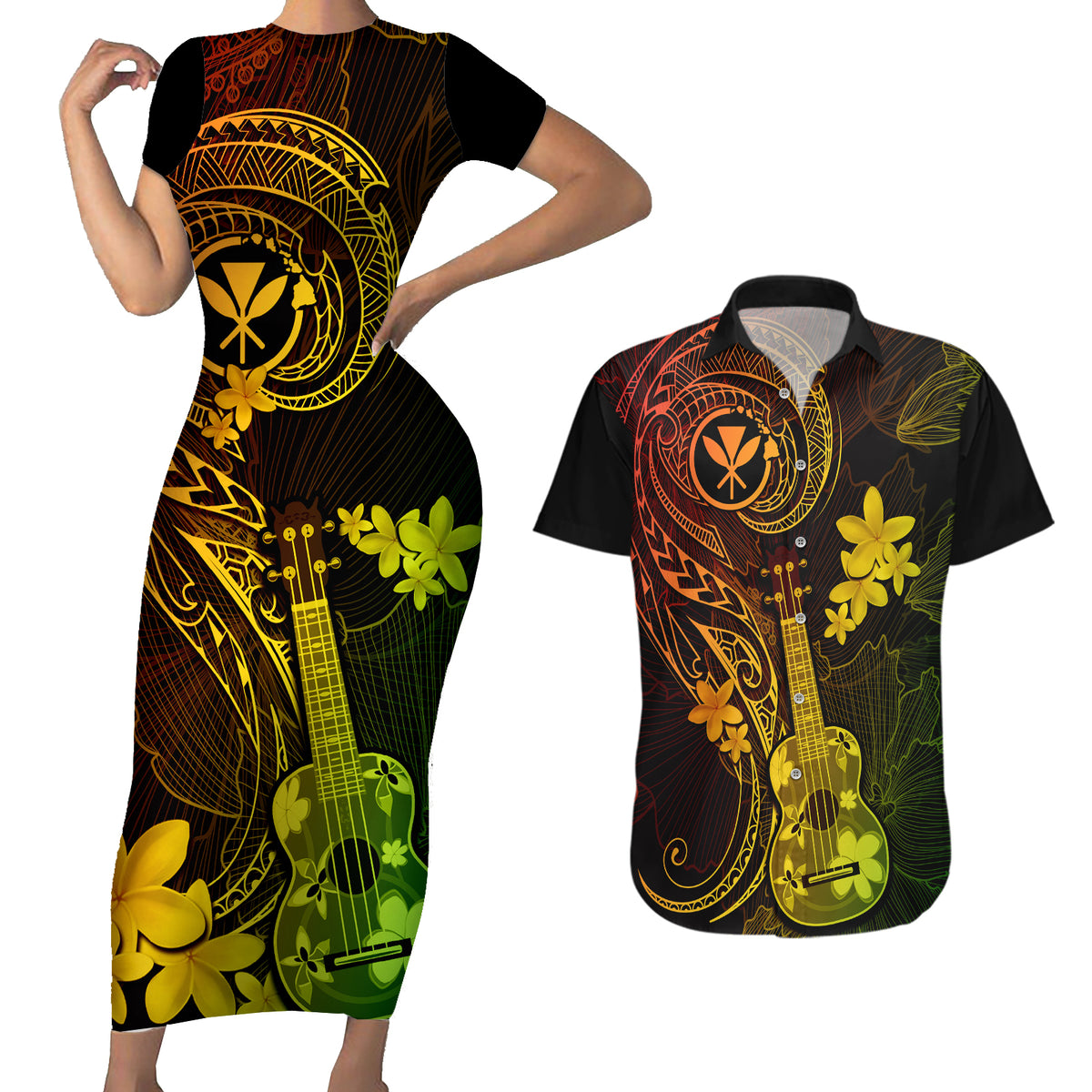 Hawaii Couples Matching Short Sleeve Bodycon Dress and Hawaiian Shirt Ukulele Mix Polynesian Plumeria Reggae Version - Wonder Print Shop