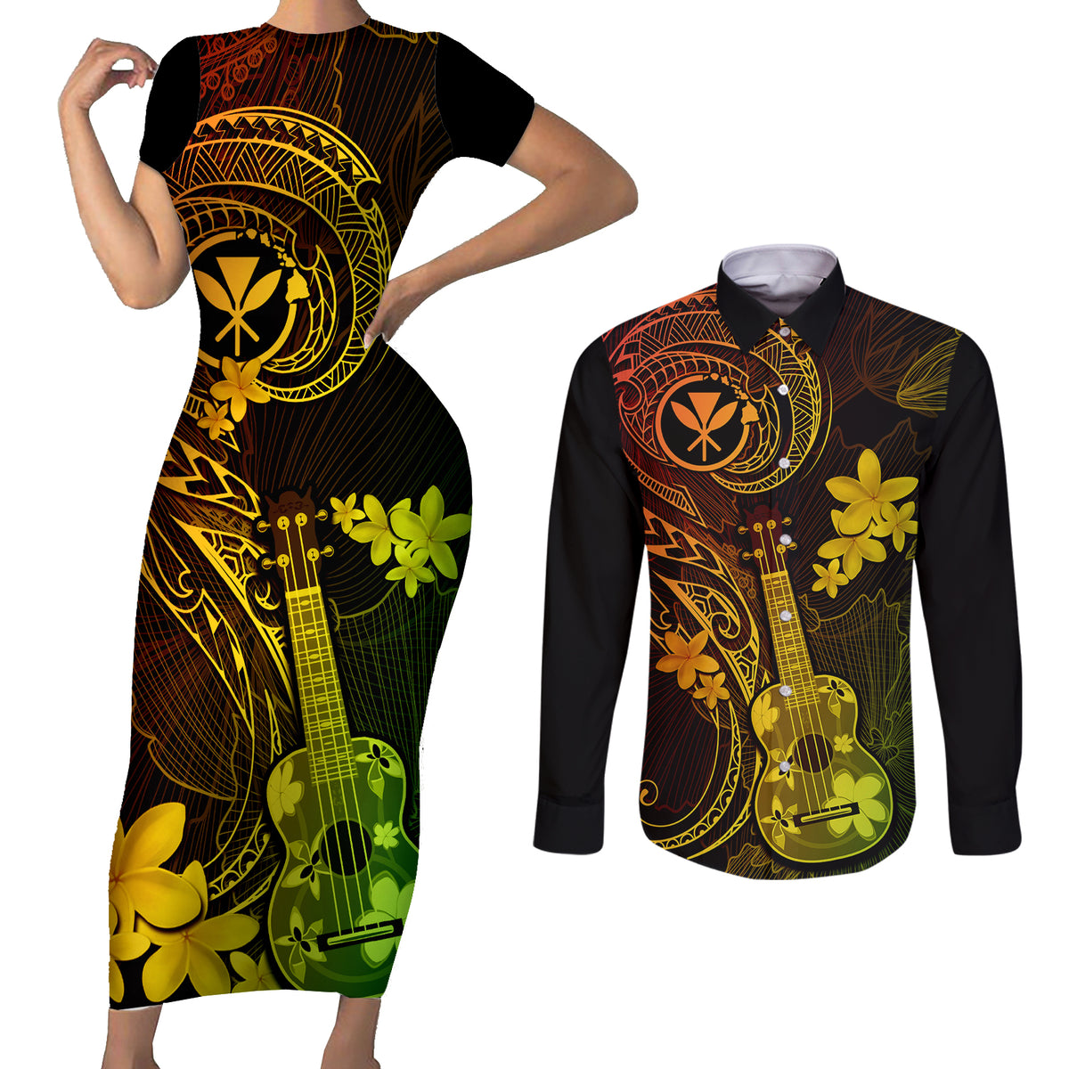 Hawaii Couples Matching Short Sleeve Bodycon Dress and Long Sleeve Button Shirts Ukulele Mix Polynesian Plumeria Reggae Version - Wonder Print Shop