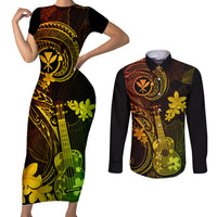 Hawaii Couples Matching Short Sleeve Bodycon Dress and Long Sleeve Button Shirts Ukulele Mix Polynesian Plumeria Reggae Version - Wonder Print Shop