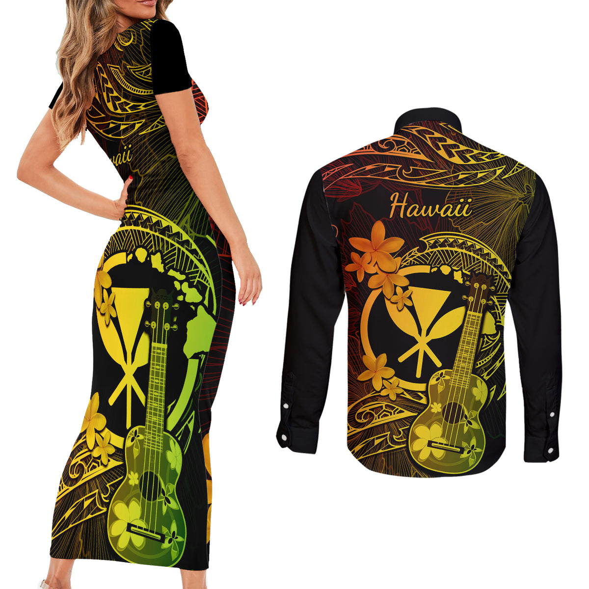 Hawaii Couples Matching Short Sleeve Bodycon Dress and Long Sleeve Button Shirts Ukulele Mix Polynesian Plumeria Reggae Version - Wonder Print Shop