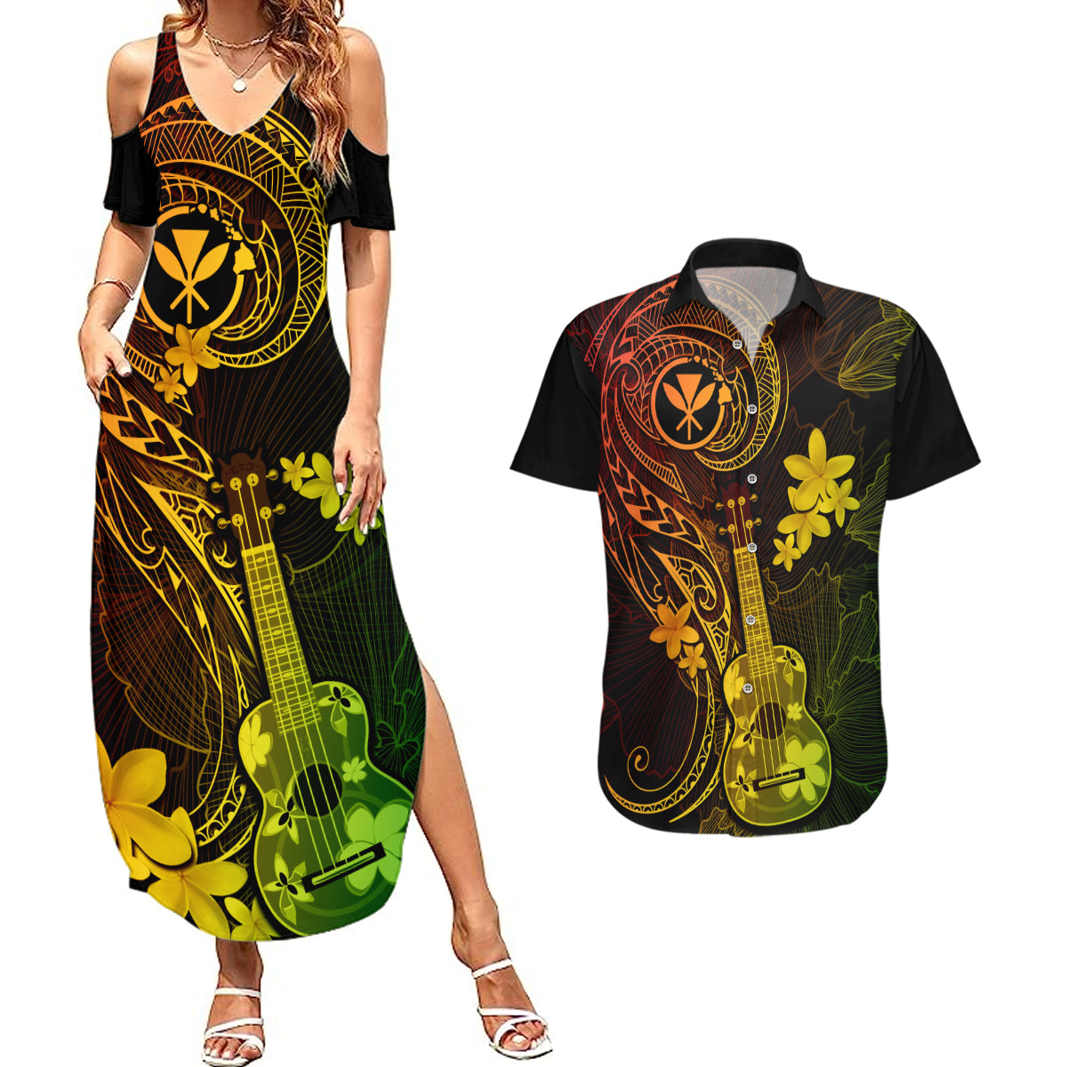 Hawaii Couples Matching Summer Maxi Dress and Hawaiian Shirt Ukulele Mix Polynesian Plumeria Reggae Version - Wonder Print Shop