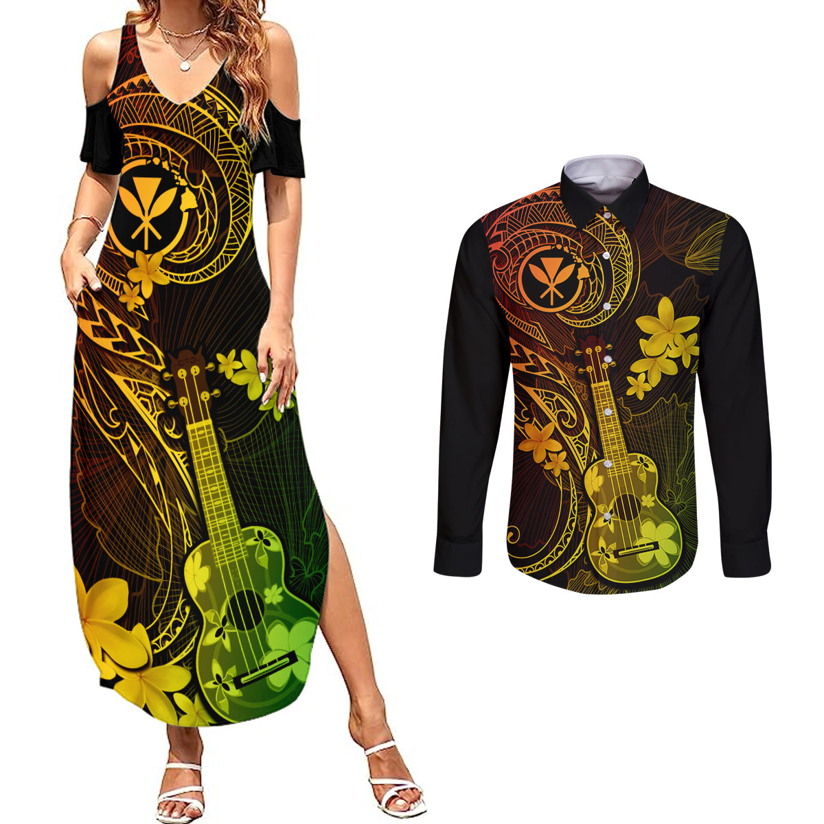 Hawaii Couples Matching Summer Maxi Dress and Long Sleeve Button Shirts Ukulele Mix Polynesian Plumeria Reggae Version - Wonder Print Shop
