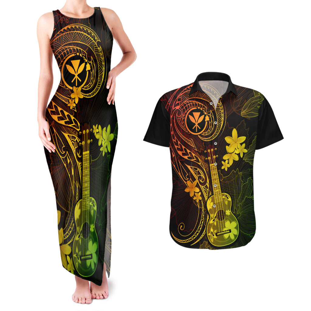 Hawaii Couples Matching Tank Maxi Dress and Hawaiian Shirt Ukulele Mix Polynesian Plumeria Reggae Version - Wonder Print Shop