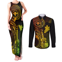 Hawaii Couples Matching Tank Maxi Dress and Long Sleeve Button Shirts Ukulele Mix Polynesian Plumeria Reggae Version - Wonder Print Shop