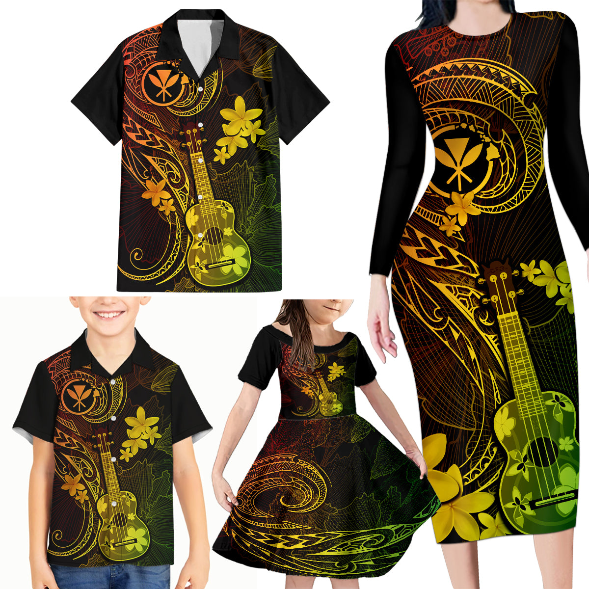 Hawaii Family Matching Long Sleeve Bodycon Dress and Hawaiian Shirt Ukulele Mix Polynesian Plumeria Reggae Version - Wonder Print Shop