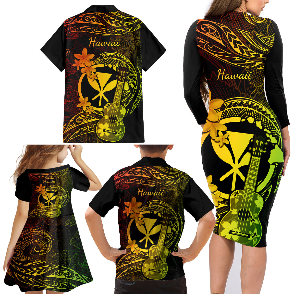 Hawaii Family Matching Long Sleeve Bodycon Dress and Hawaiian Shirt Ukulele Mix Polynesian Plumeria Reggae Version - Wonder Print Shop