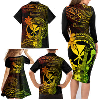 Hawaii Family Matching Long Sleeve Bodycon Dress and Hawaiian Shirt Ukulele Mix Polynesian Plumeria Reggae Version - Wonder Print Shop